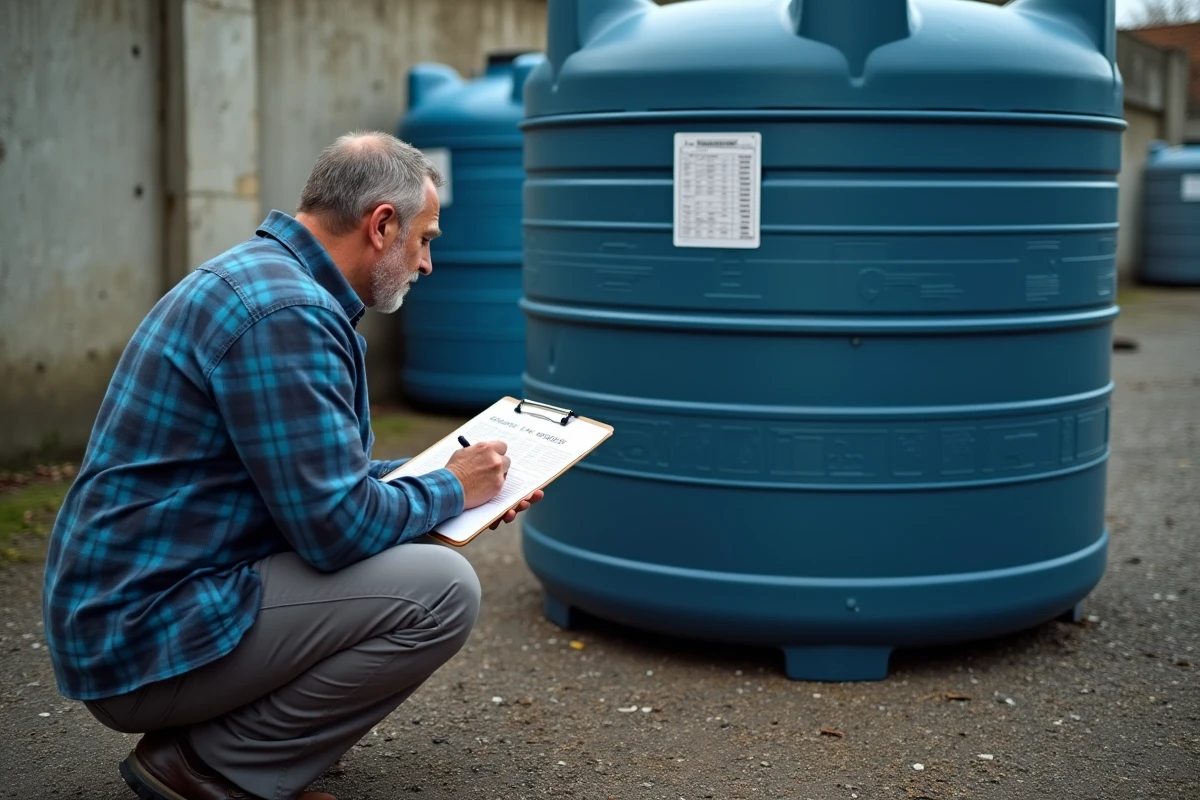 Homme consultant un tableau de conversion m3 et litres sur un clipboard devant une cuve de stockage d'eau dans un chantier extérieur