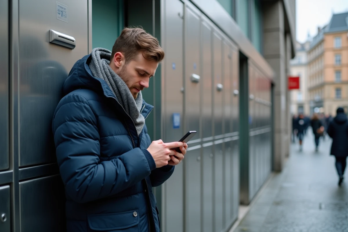 Jeune homme avec parka et &eacute;charpe devant un casier &agrave; colis urbain