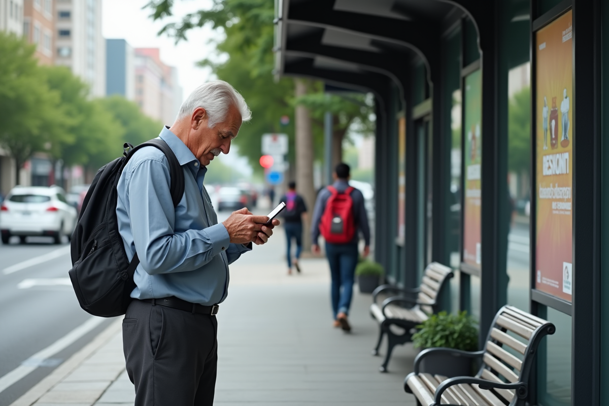 Homme âgé regardant son smartphone dans la ville