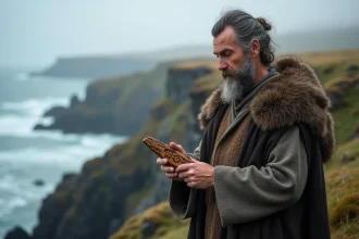 Homme viking nordique examinant un Vegvísir en bois