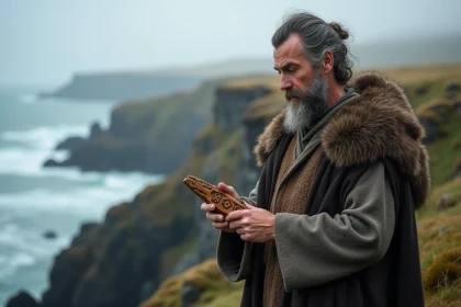 Homme viking nordique examinant un Vegvísir en bois