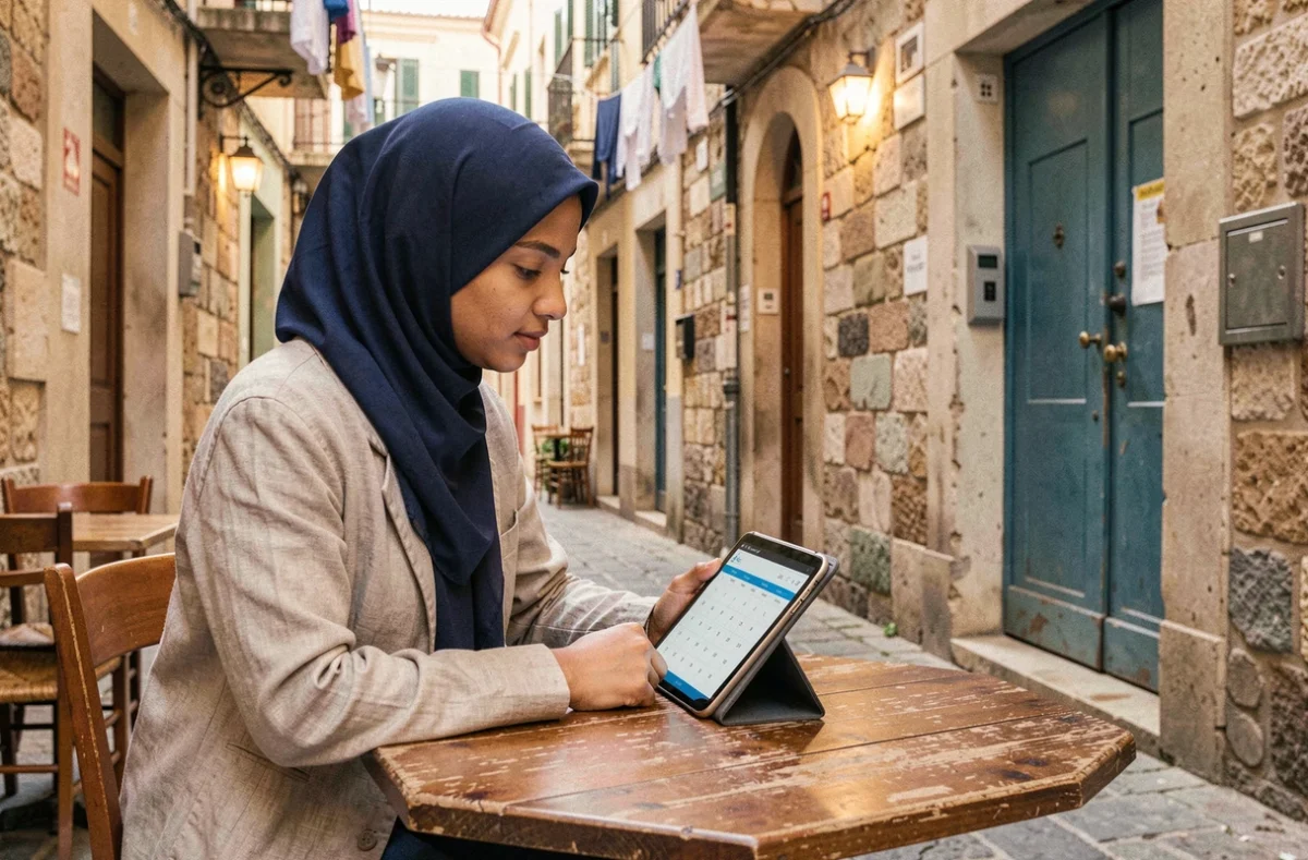 Jeune femme consultant les horaires de prière sur une tablette dans un café du quartier Le Panier à Marseille