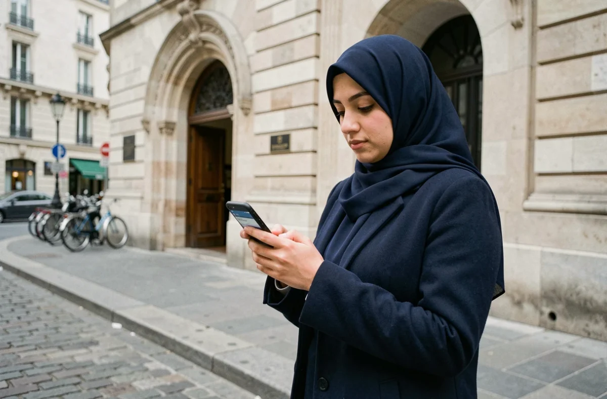 Femme voilée consultant les horaires de prière sur smartphone devant une mosquée parisienne
