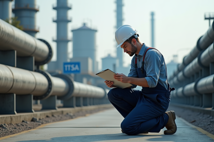 Ingénieur en overalls examine une tuyauterie industrielle