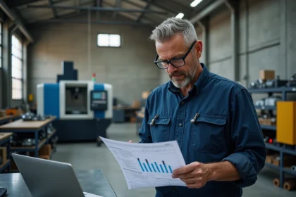 Ingénieur industriel d'une PME analysant un rapport de production dans un atelier de fabrication mécanique