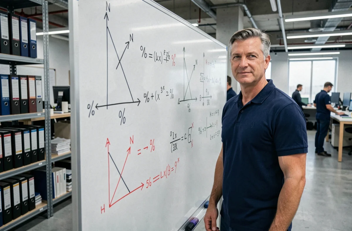 Ingénieur devant un tableau blanc avec des formules de conversion d'angles en pente en pourcentage