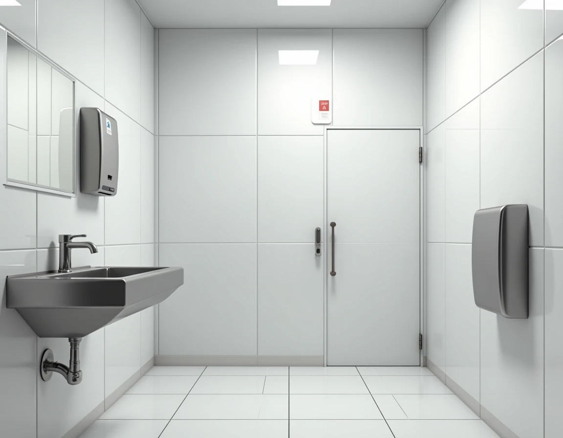 Intérieur propre et accessible d'un WC public municipal avec lavabo automatique et signalétique PMR