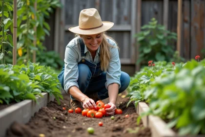 Femme en salopette et chapeau de paille dans un jardin de l&eacute;gumes