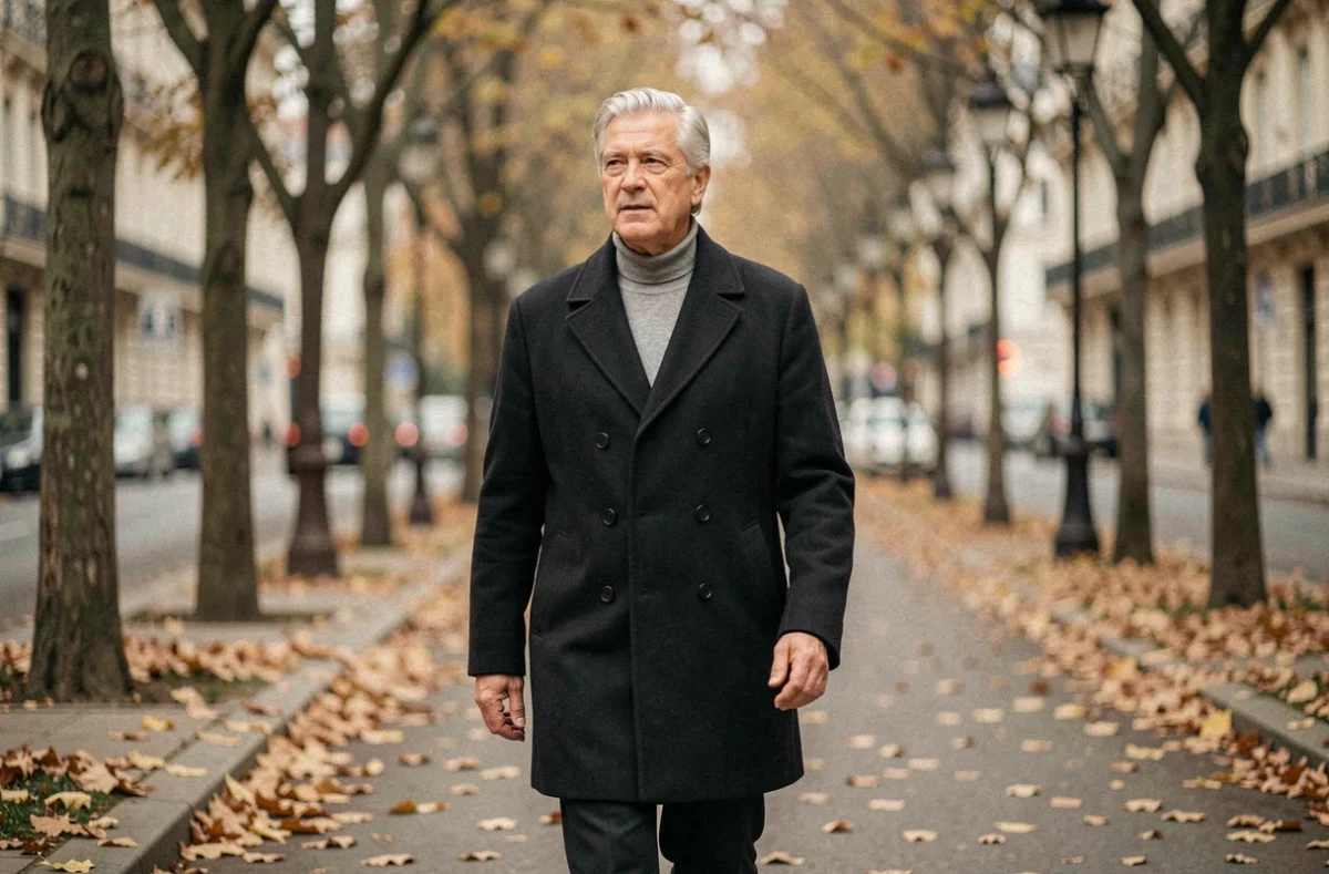 Homme aux cheveux argentés marchant sur un boulevard parisien en automne, portrait journalistique illustrant un article sur Jean Jacques Trogneux et sa ressemblance avec Emmanuel Macron