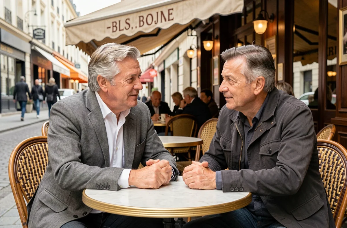 Deux hommes d'âge mûr en conversation à une terrasse de café parisien, évoquant la ressemblance physique entre Jean Jacques Trogneux et Emmanuel Macron