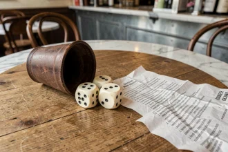 Dés du jeu 421 avec gobelet en cuir et fiche de règles imprimée sur une table de café