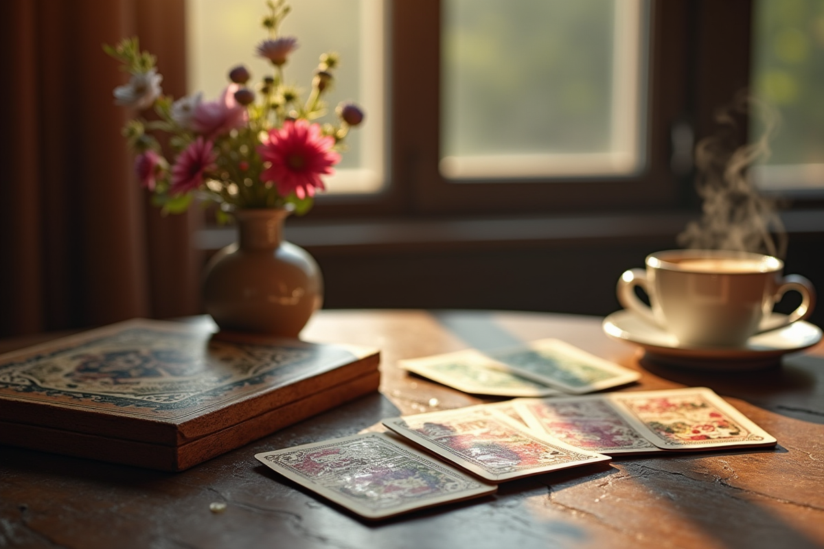 Boîte vintage et cartes 1000 bornes avec fleurs et café