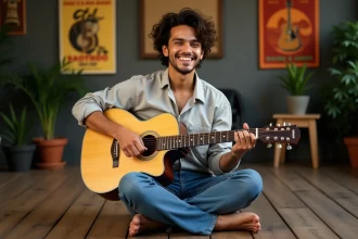 Jeune chanteur brésilien assis avec guitare en studio