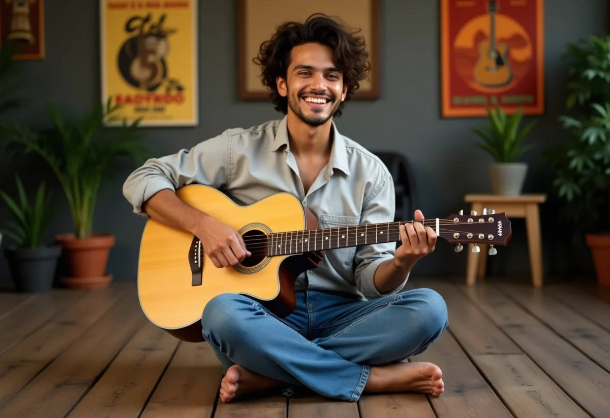 Jeune chanteur brésilien assis avec guitare en studio