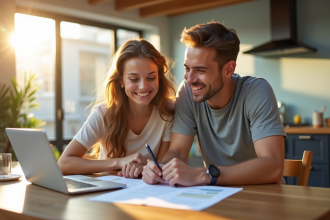 Jeune couple souriant à la maison en train de vérifier des documents fiscaux