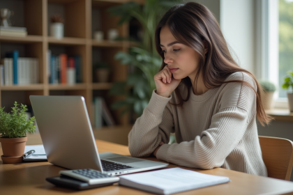 Jeune femme planifiant son budget avec ordinateur dans un appartement