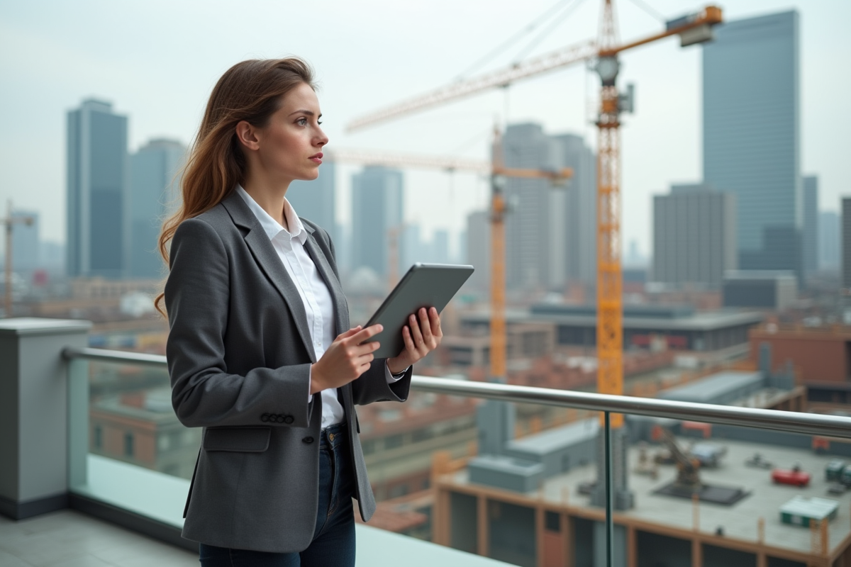 Jeune architecte femme observant un chantier urbain