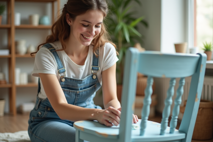 Jeune femme appliquant de la peinture bleue sur une chaise en bois