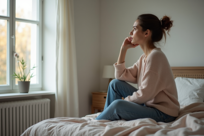 Jeune femme pensant dans une chambre cozy et lumineuse