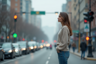 Jeune femme observant la circulation urbaine en ville