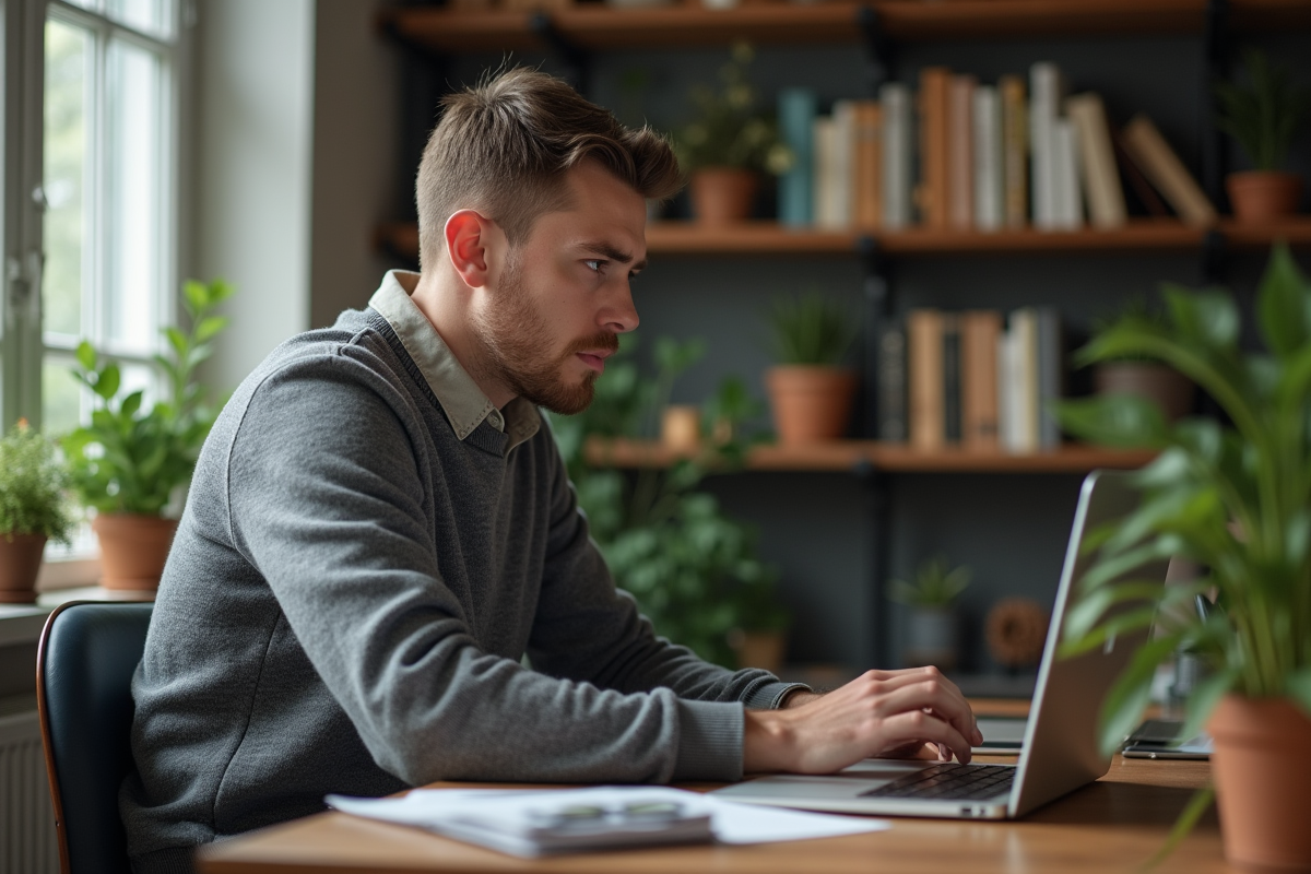 Jeune homme pensif au bureau cosy avec plantes et livres
