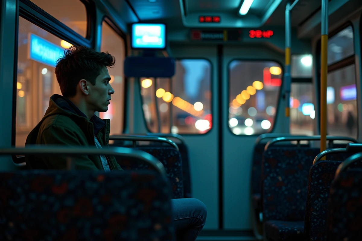 Jeune homme dans un bus nocturne parisien