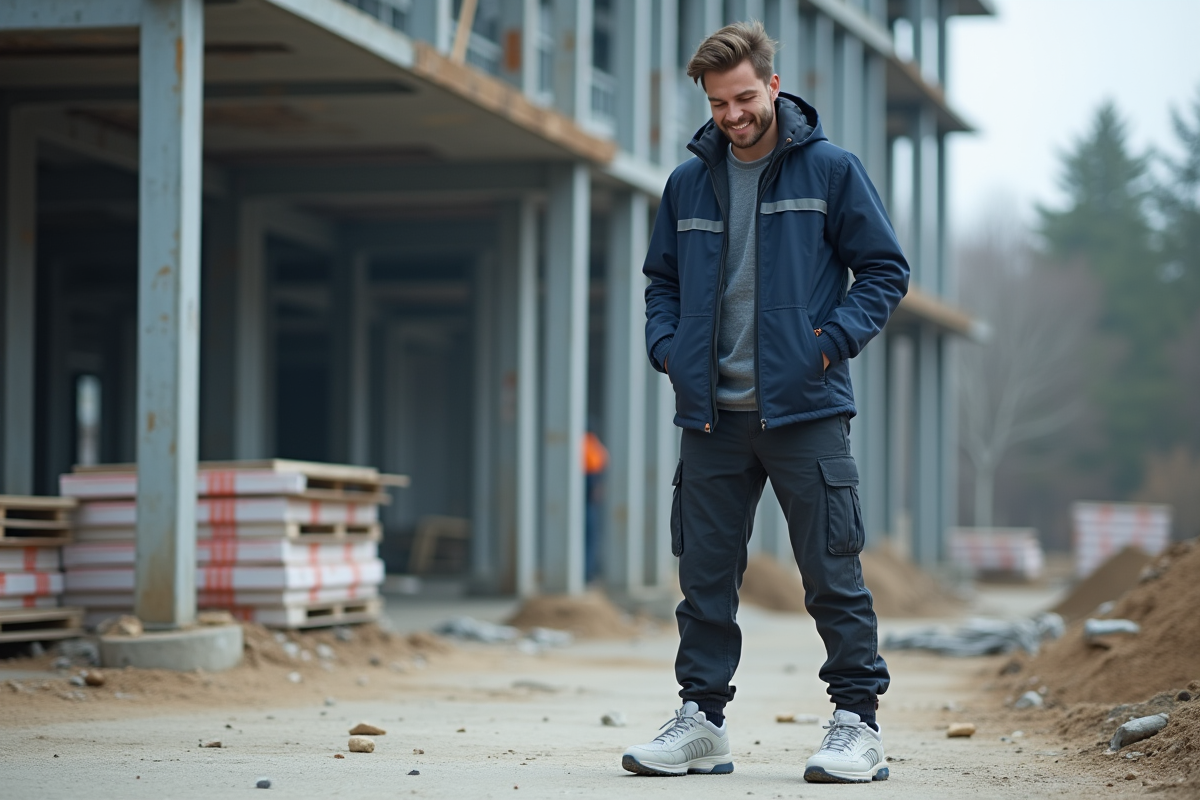 Jeune homme en vêtements de chantier regardant ses chaussures de sécurité