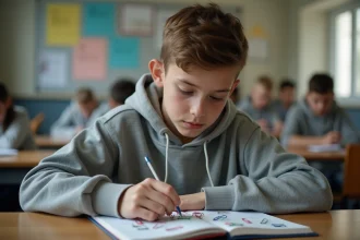 Adolescent concentré manipulant des trombones dans un classeur