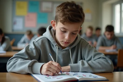 Adolescent concentr&eacute; manipulant des trombones dans un classeur