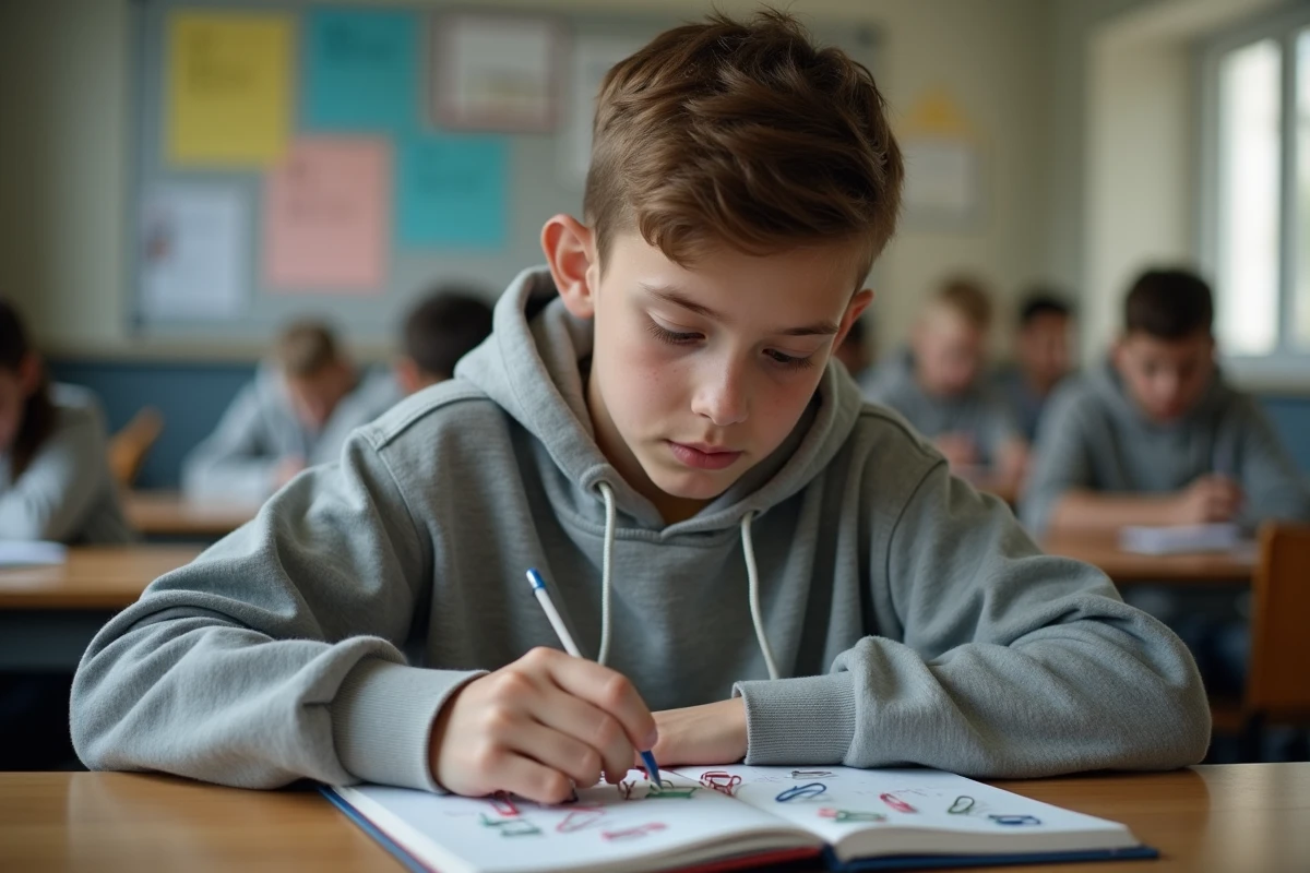 Adolescent concentré manipulant des trombones dans un classeur