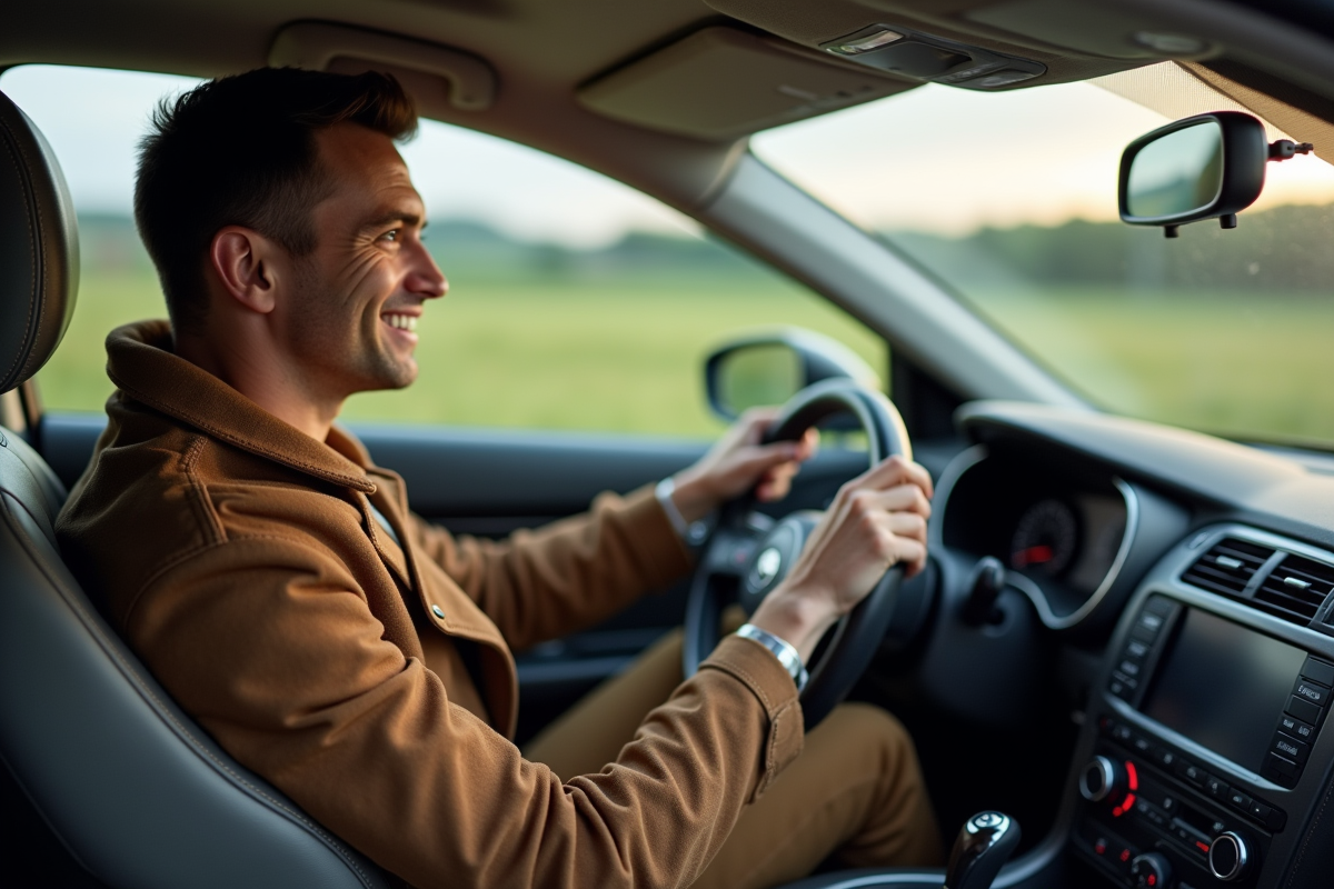 Jeune homme souriant au volant d
