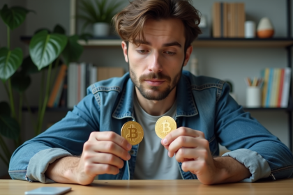 Jeune homme regardant des pièces d or avec un 'B' et un chien