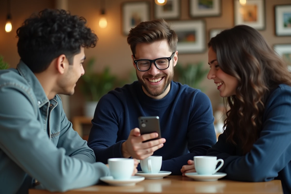 Jeune homme montrant un sondage WhatsApp à ses amis