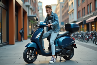 Jeune garçon souriant avec scooter en ville dynamique