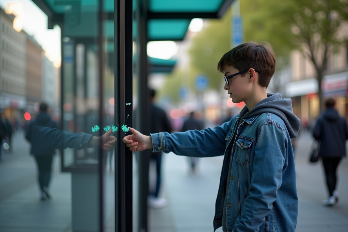 Jeune garçon avec une montre connectée dans la rue