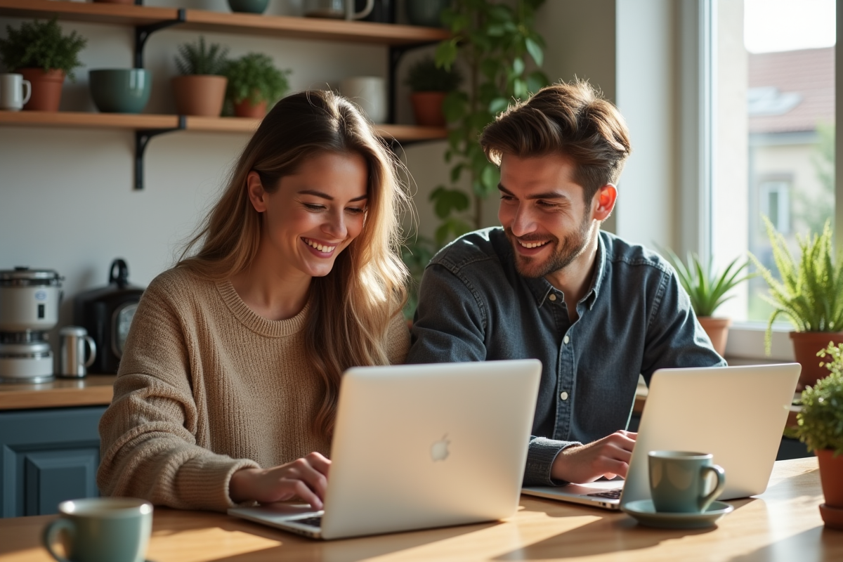 Jeune couple assis à la cuisine avec laptops