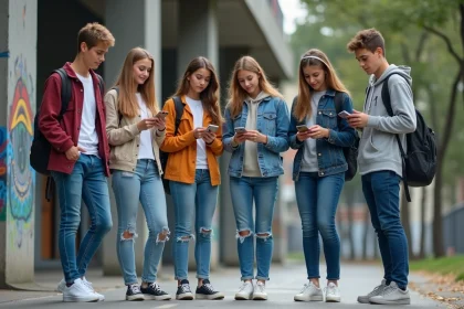 Groupe d'adolescents en streetwear devant une école urbaine