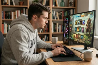 Joueur concentré sur un écran de jeu affichant des récompenses de quête, stratégie gaming en intérieur