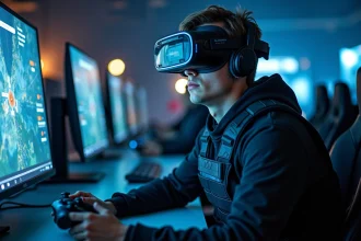 Joueur de war game futuriste portant un casque AR dans une arène esports high-tech en 2026