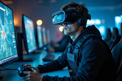 Joueur de war game futuriste portant un casque AR dans une arène esports high-tech en 2026