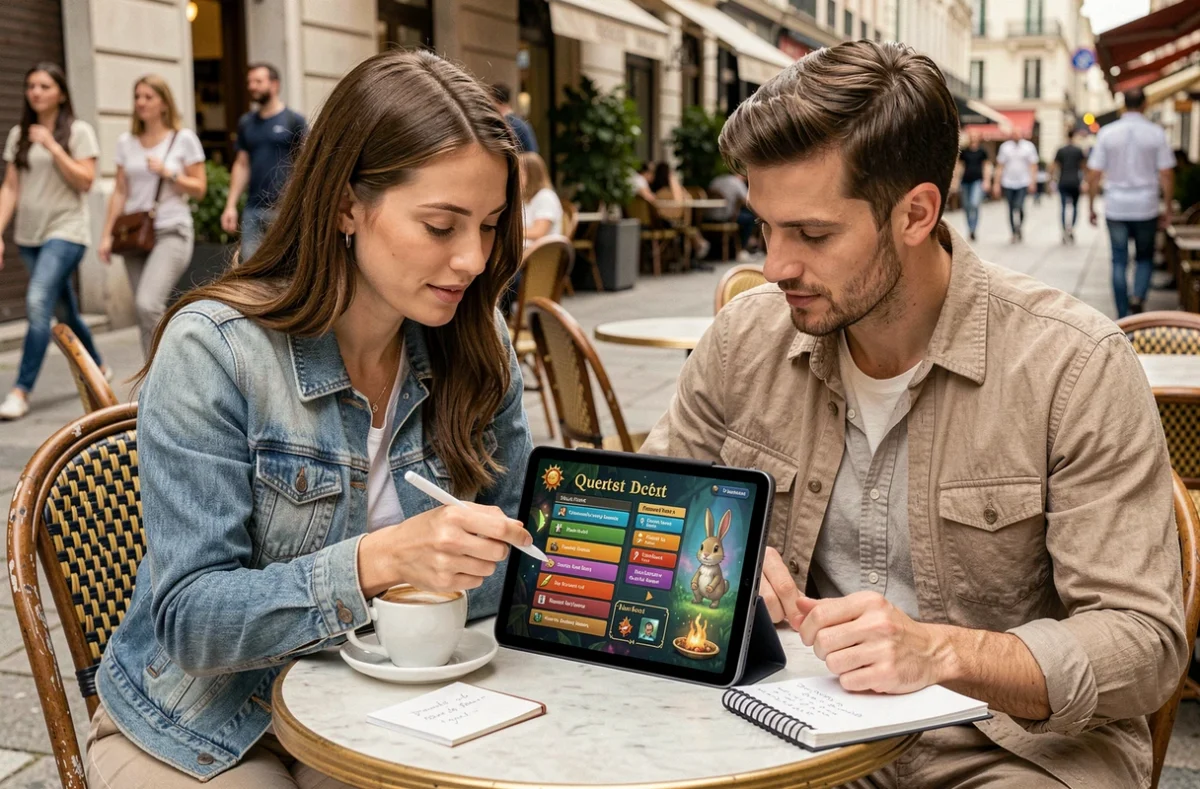 Deux joueurs consultant un guide de quête sur tablette en terrasse de café, stratégie jeu fantasy lapin