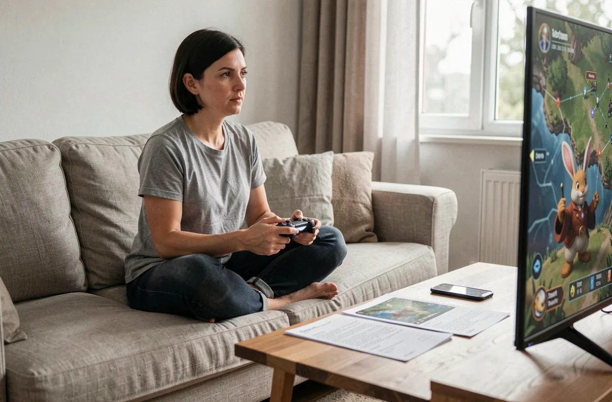 Joueuse avec manette sur canapé consultant une carte de quête fantasy avec personnage lapin à l'écran