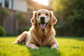 Labrador à poil long assis dans un jardin ensoleille