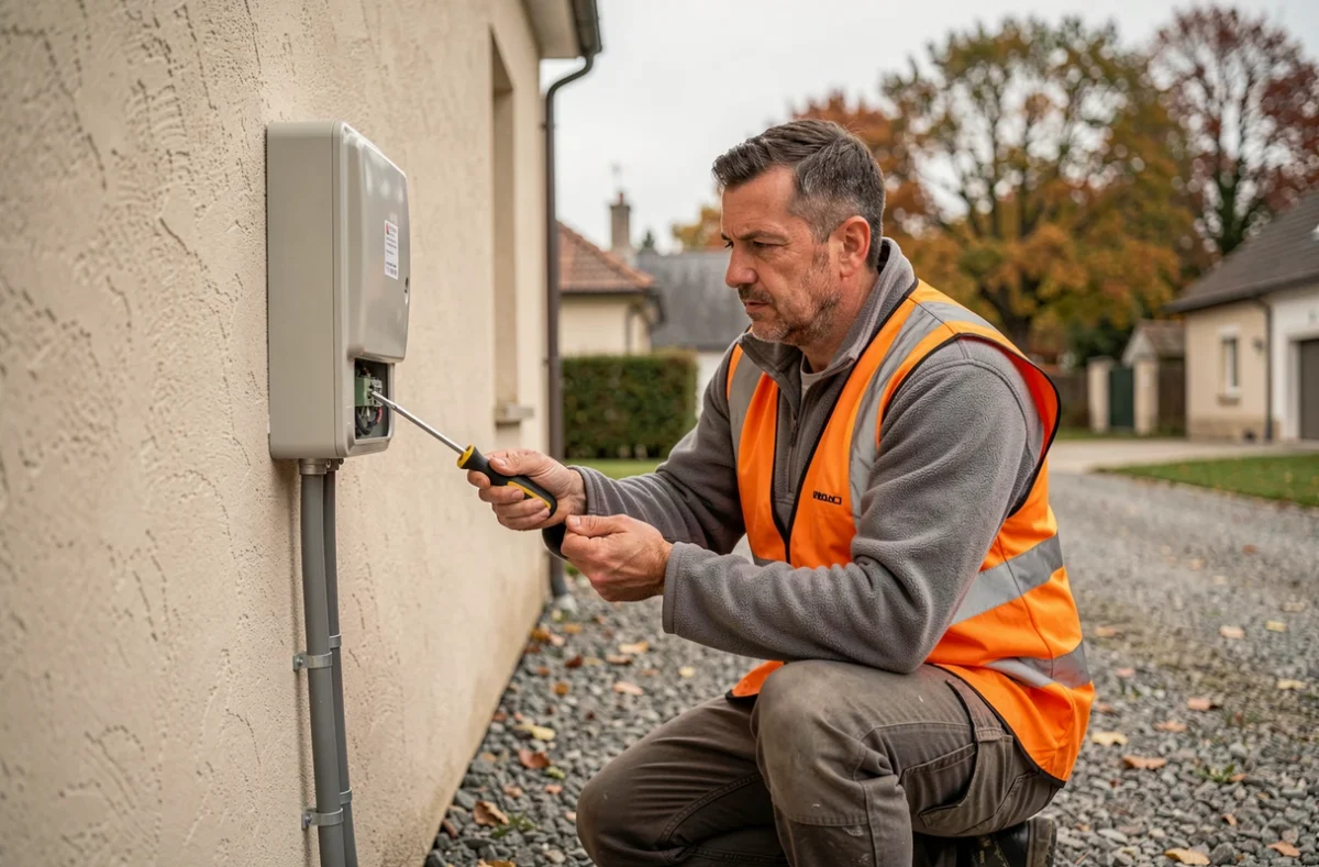 Électricien Lapierre installant un boîtier électrique extérieur dans le village de Fauverney