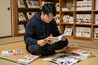 Lecteur de manga absorbé dans la lecture du scan One Piece 1151 en version française, entouré de volumes et de pages imprimées dans un appartement japonais cosy
