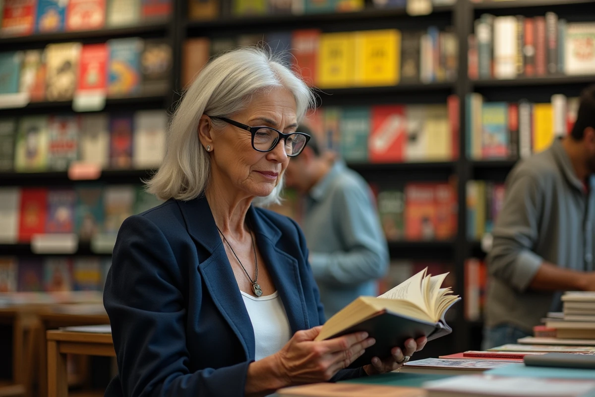 Femme d'âge moyen lisant un livre dans une librairie multilingue, symbolisant la diversité des lecteurs des livres les plus vendus au monde