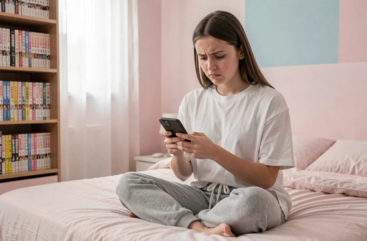 Adolescente consultant un site de scans manga en VF sur smartphone dans sa chambre