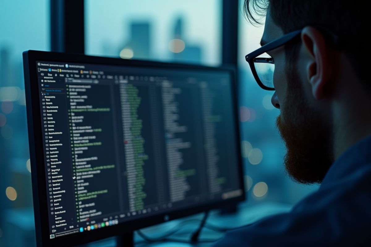 Ecran d ordinateur avec registre blockchain reflet dans des lunettes en ville