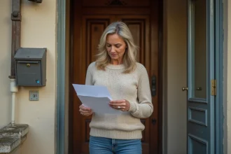 Femme tenant une lettre avec cachet postal du samedi devant sa boîte aux lettres