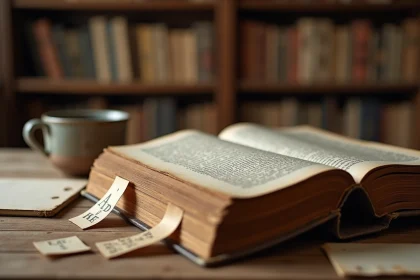 Vieux livre très lu posé sur une table en bois avec des notes manuscrites et un mug, illustrant les livres les plus vendus au monde